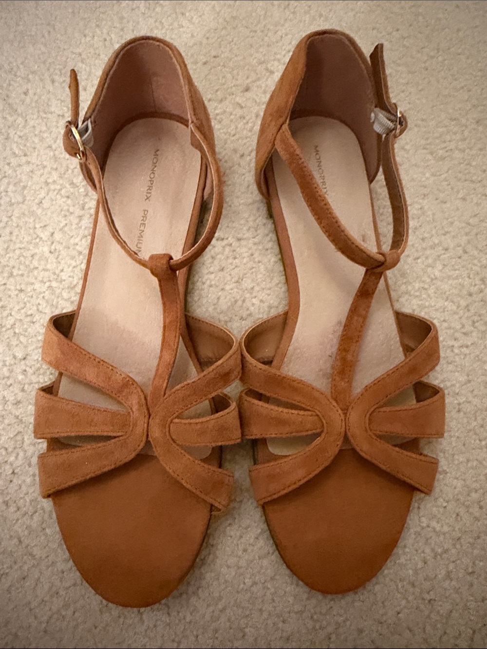 Women's Tan Suede T-Strap Sandals with Ankle Buckle